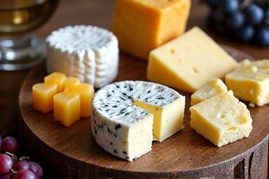 An assortment of artisanal French cheeses on a wooden board