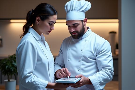 A chef and a client collaborating on menu design in a professional setting