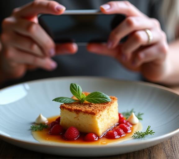 A person taking a picture of a beautifully plated dish with a smartphone