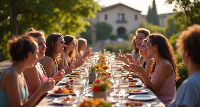 A group enjoying an outdoor meal in the French countryside during a culinary retreat.