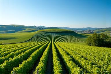 A vineyard in the French countryside with rows of grapes