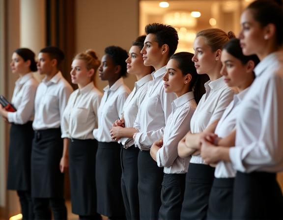 Professional restaurant staff in a briefing, looking attentive