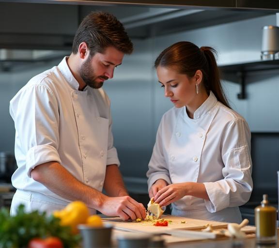 Professional chef instructing a student in a modern Parisian kitchen